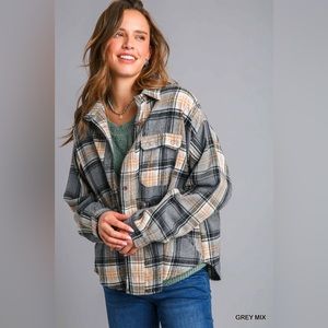 Plaid Collar Button Shacket with Front Pockets